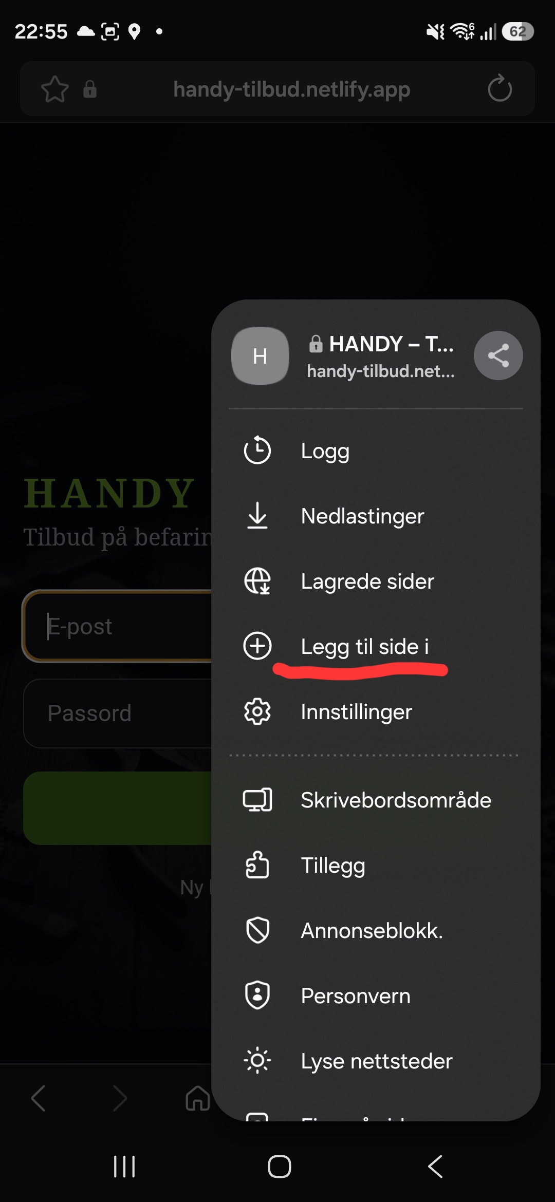 Nettlesermenyen med «Legg til side i» markert