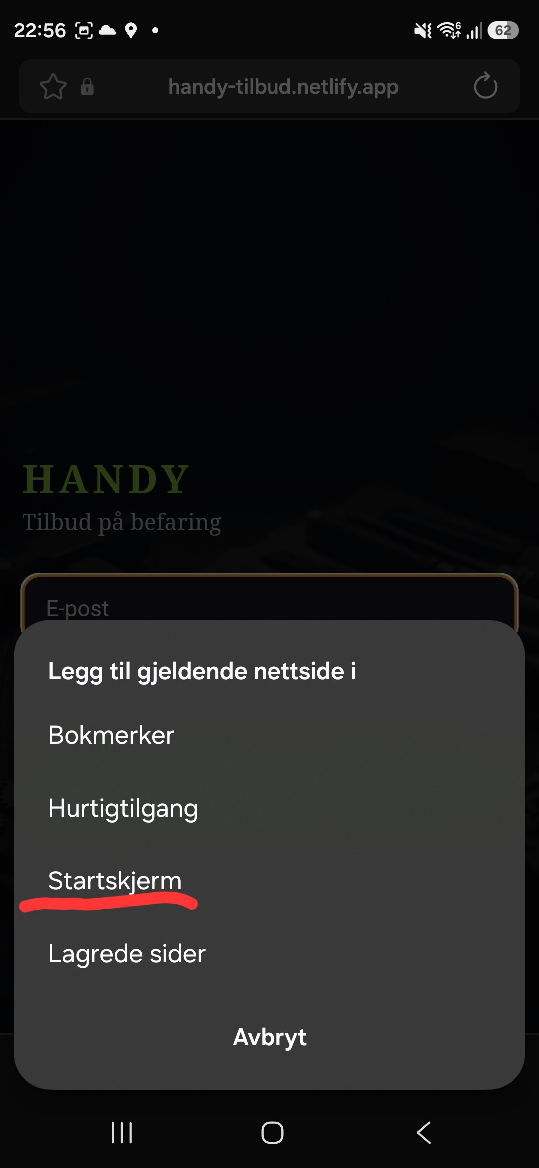 Valg av plassering med «Startskjerm» markert