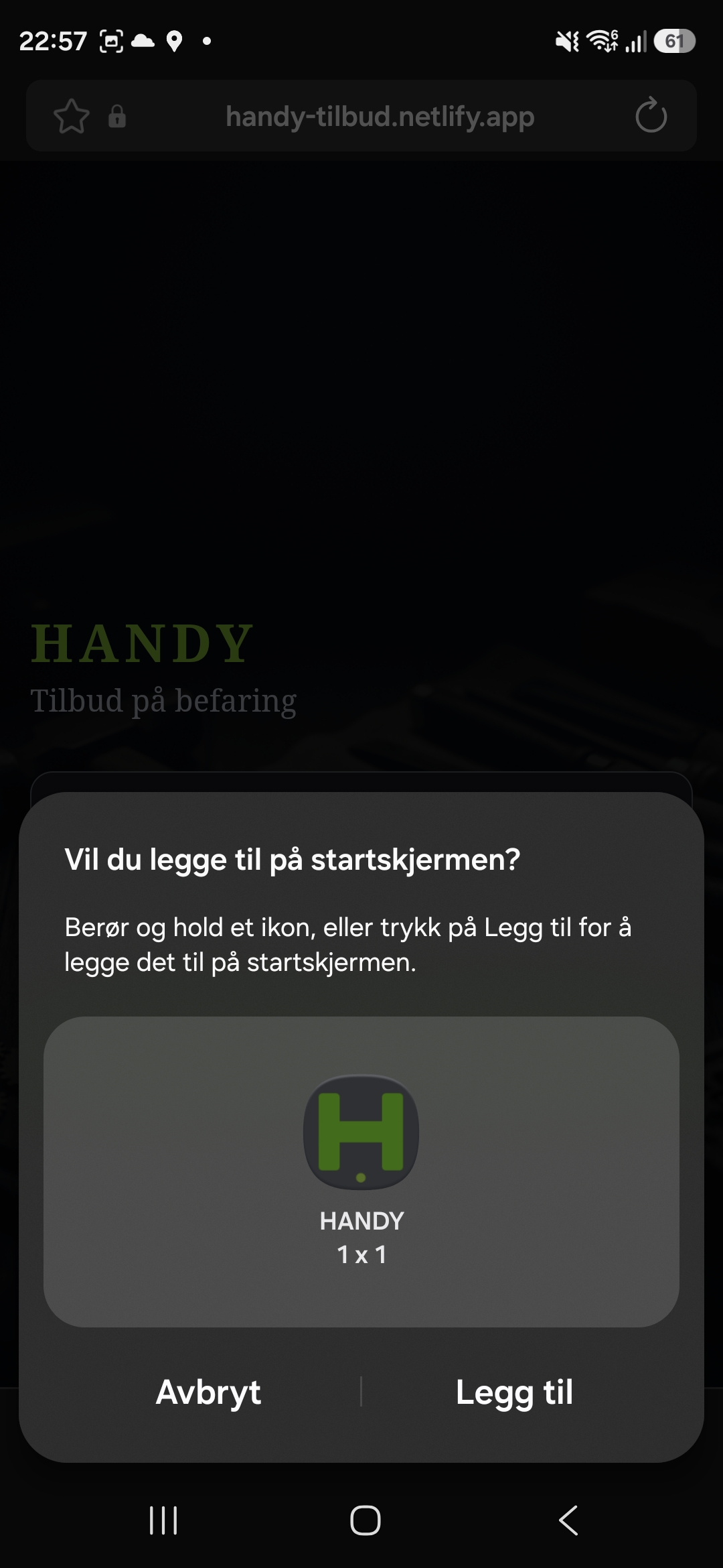 Bekreftelsesdialog for å legge Handy til på startskjermen